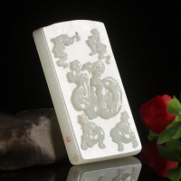 老山玉器 周雁明作品和田玉羊脂白玉牌福寿双全精雕吊坠附证书